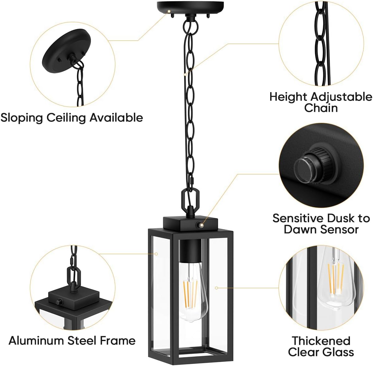 Dusk to Dawn Outdoor Pendant Light, Modern 1-Light Outdoor Hanging Lantern, Matte Black Aluminum with Clear Glass, Exterior Pendant Lighting Fixture for Porch