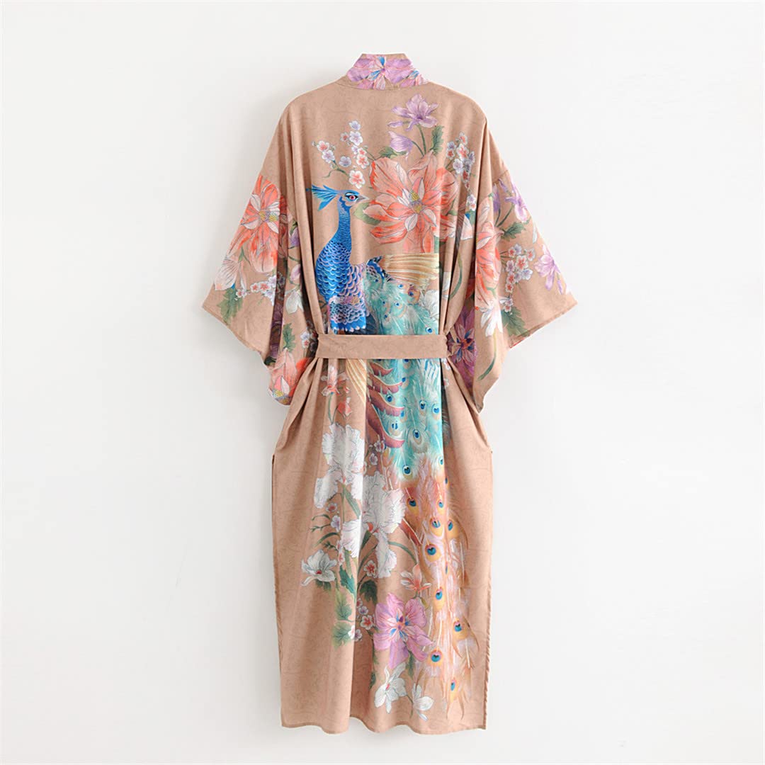 Dninmim Kimono long bohème à manches 3/4 pour femme Imprimé floral, rose, L