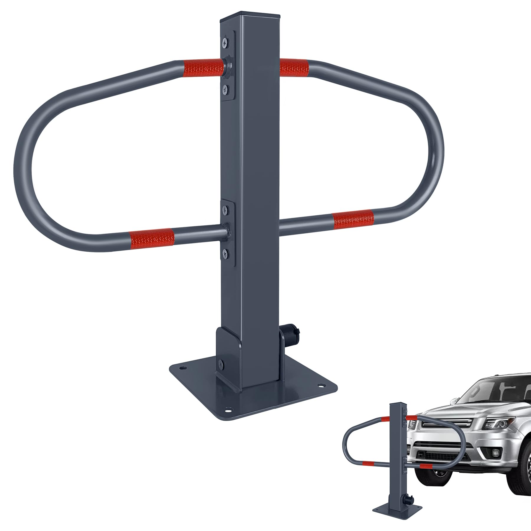Froadp 73x51cm Barreras de Estacionamiento Plegables Poste de Bloqueo Barrera de Acero Móvil con llave y Tiras Reflectantes Juego de Bolardo de Aparcamiento para Parking Garaje (1 pieza)
