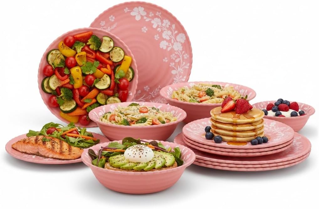 12-Piece Daisy Bamboo Melamine Dinnerware Set, Pink Floral Wave-Edge Design, Dishwasher Safe, Ideal for Brunch, Afternoon Tea & Cozy Family Dining