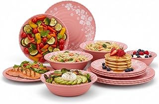 12-Piece Daisy Bamboo Melamine Dinnerware Set, Pink Floral Wave-Edge Des...
