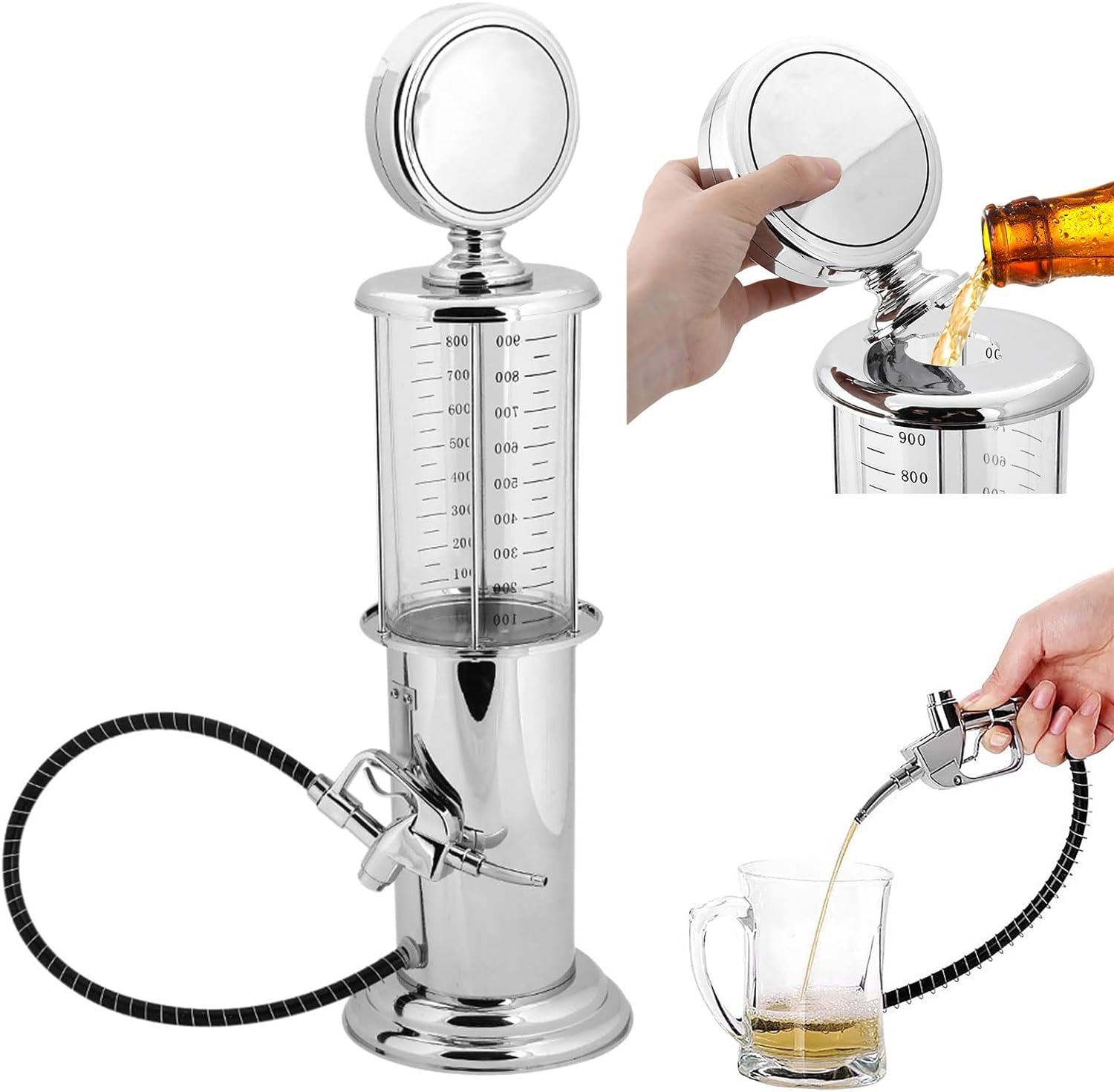 Distributore Di Birra A Pistola 1 Litro - Contenitore Per Vino, Vodka, Rum E Liquori - Pompa A Pistola Singola Con Serbatoio Trasparente - Accessorio Bar Vintage In Plastica Argentata