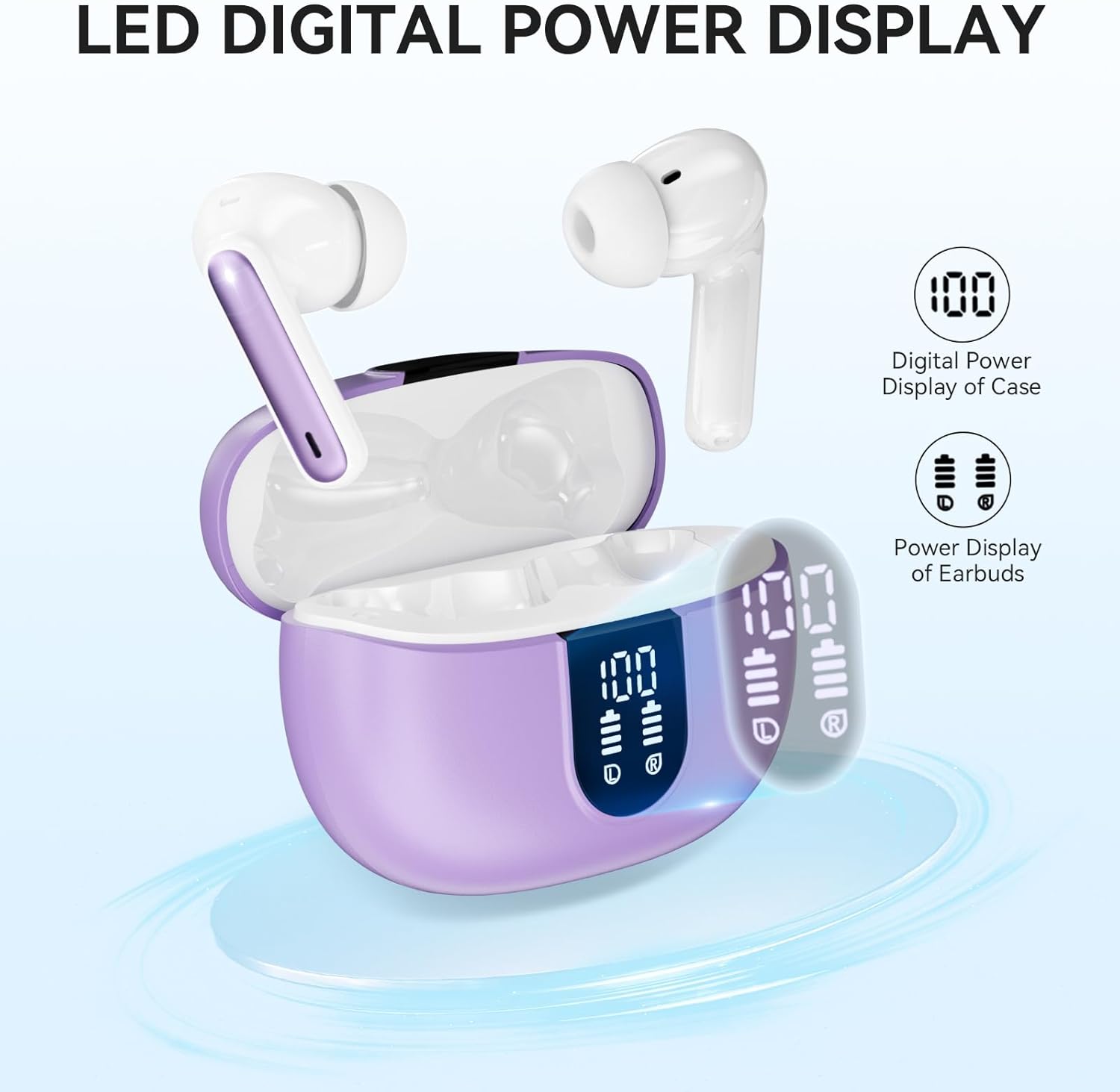 Wireless Earbuds, Bluetooth 5.3 Headphones 40Hrs Playtime Deep Bass Stereo, LED Power Display, Call Noise Canceling Headphones with Mic, IP7 Waterproof Earphones for iOS Android Purple - Image 3