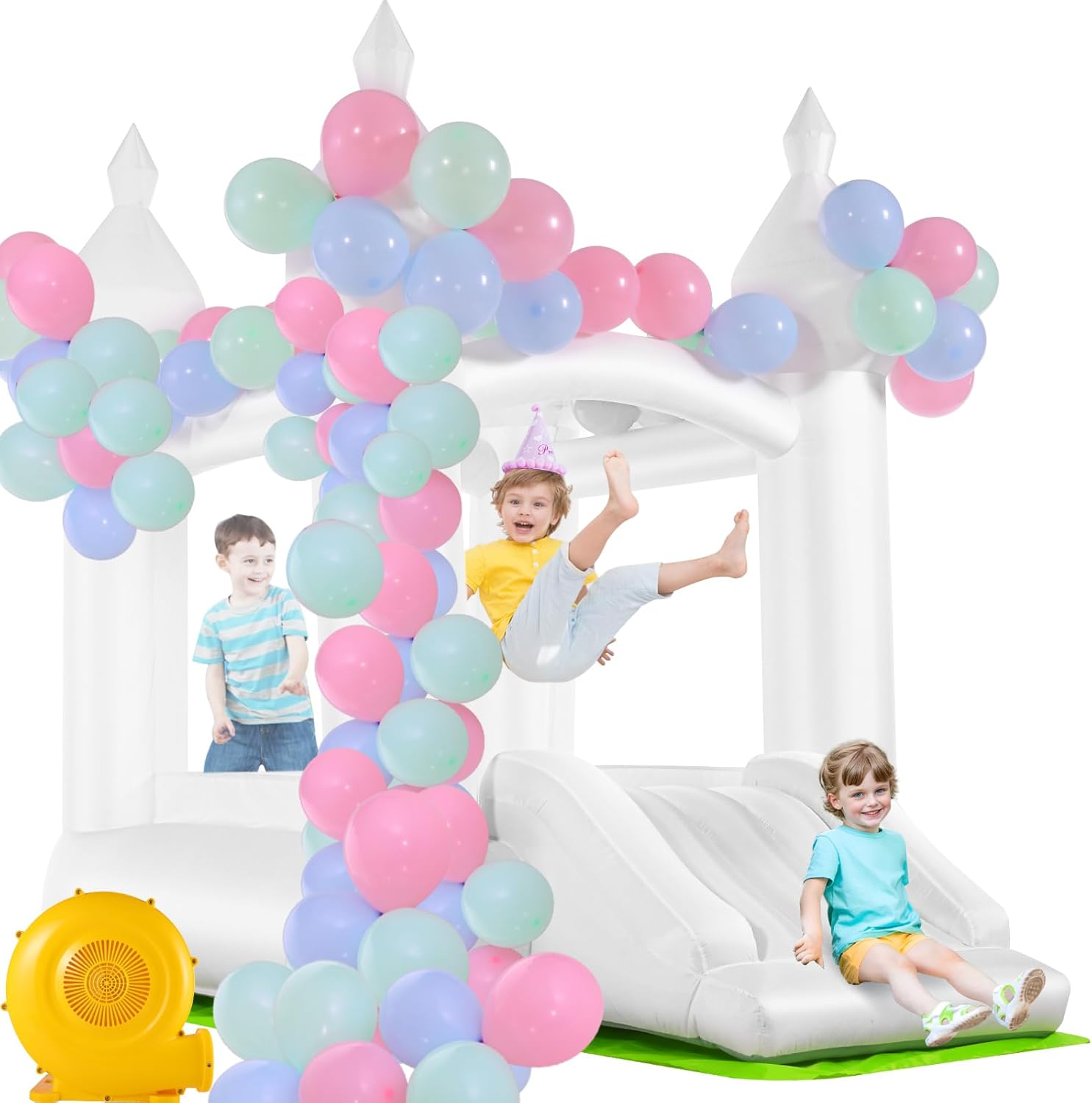 White Bounce House, Inflatable Bouncer with Air Blower,Indoor & Outdoor Bouncy Castle with Slide for Wedding Party Kids Birthday Party,101"x70"x95", Balloons (White Bounce (with Blower))