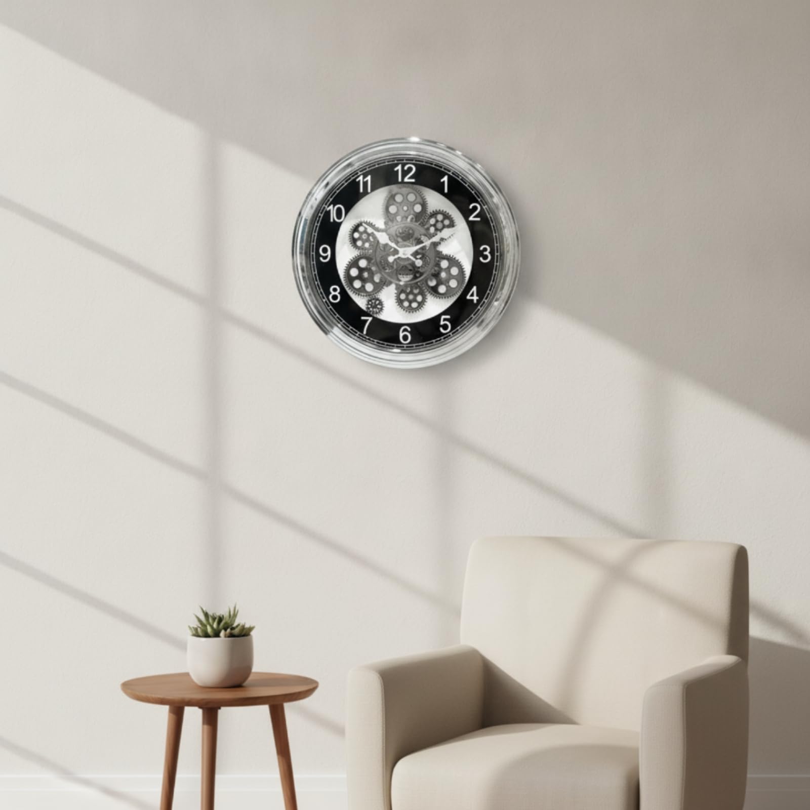 Reloj de Pared Analógico Redondo con, Reloj De Pared con Engranajes Visibles, Números Arábigos, Esfera Negra Y Marco Plateado