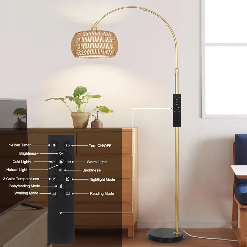 Rayofly Arany Ívelt Állólámpa Rattan Lámpaernyővel - Modern Boho Padlólámpa Távirányítóval, LED Izzóval, Alkalmazásvezérléssel, Fényerőszabá