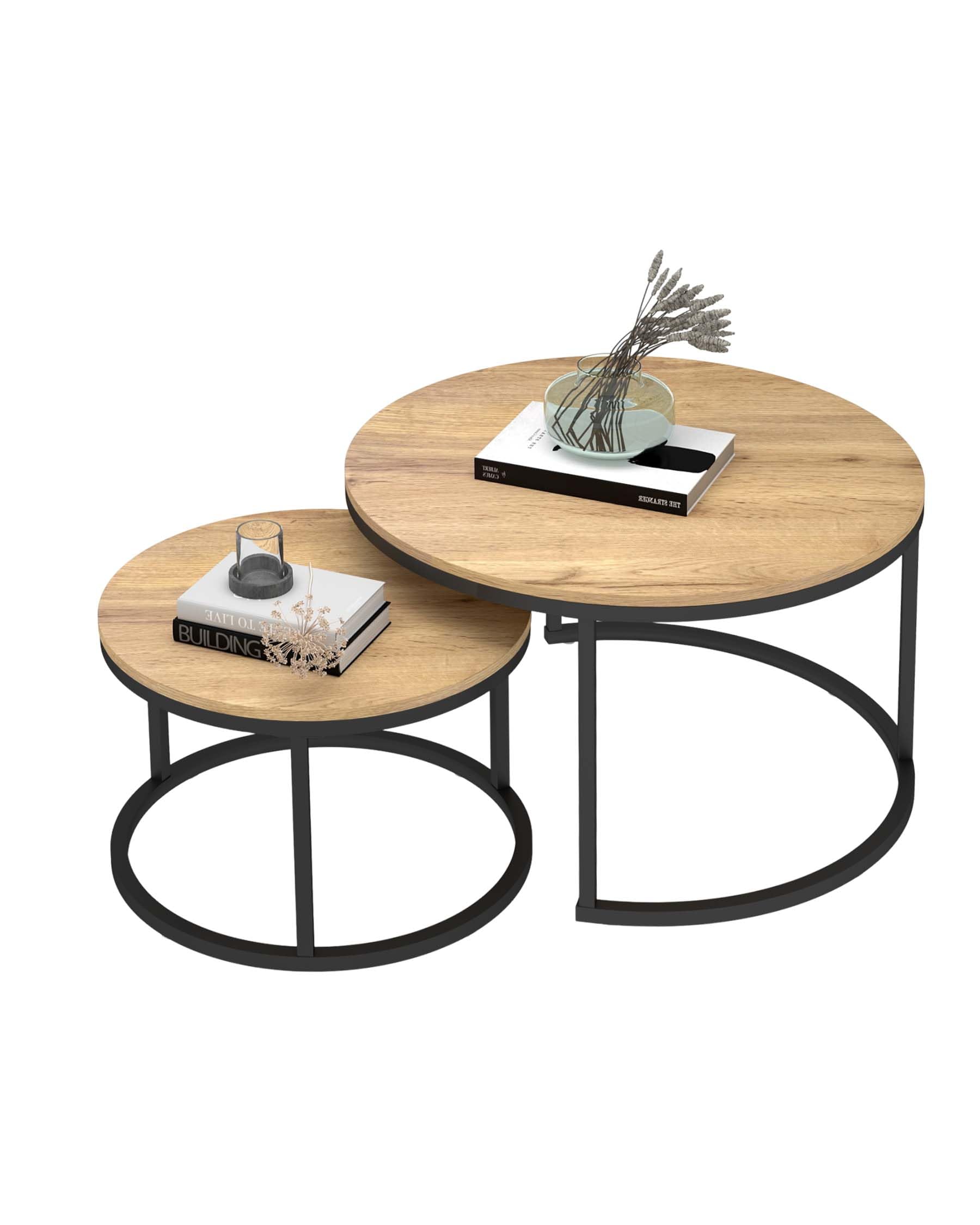 Set di 2 Tavolini da Salotto Legno Rotondi, Tavolino Basso da Caffè ad Incastro 70+50cm, Tavolini d'Appoggio Salvaspazio Stile Industriale in Legno e Metallo Nero per Soggiorno
