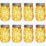 Solar Mason Jar Lantern Lights,6 Pack 20 Led Fairy Solar Firefly Jar lids Lights,6 Hangers 16 Feet Hemp Rope Included,Outdoor Mason Jar Patio Garden Wedding Table Decor Solar Lanterns Light
