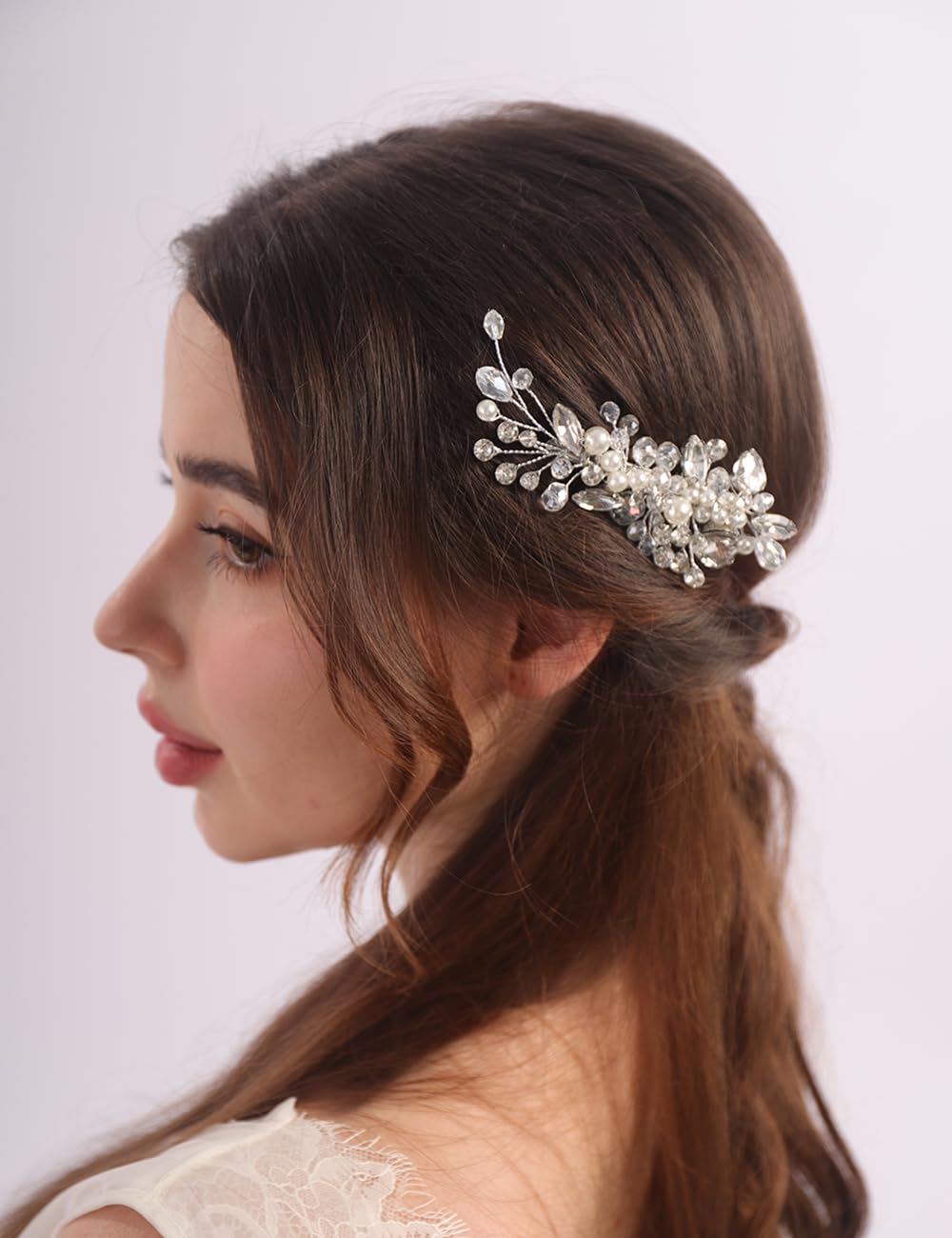 Rumtock Crystal Hair Clip for Women Wedding Bridal Handmade Hair Accessories Side Headpiece Jewelry (Silver)