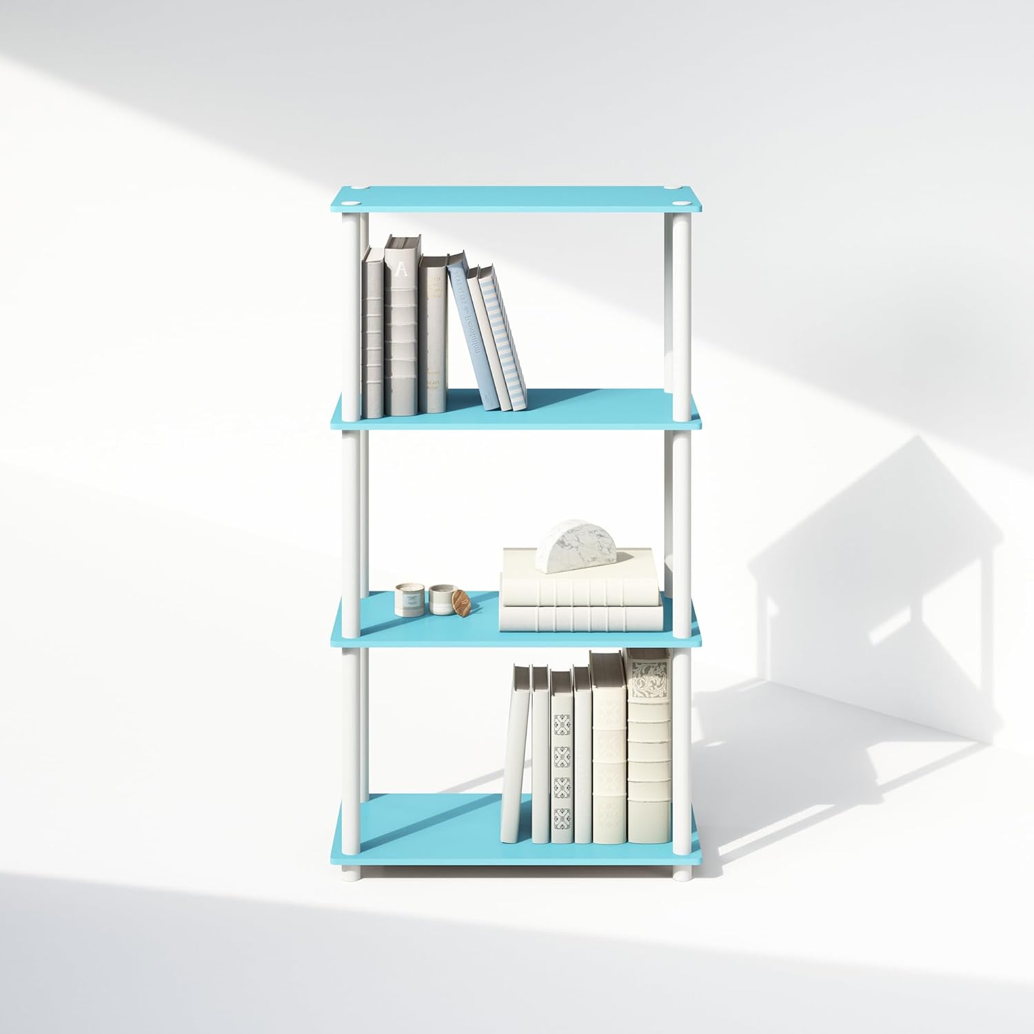 Furinno Turn-N-Tube Book Shelf, 4-Tier Bookshelf, Bookcase with Multipurpose Compact Display Rack, 11.6 x 23.6 x 43.2, for Living Room, Bedroom, Home Office, Light Blue/White