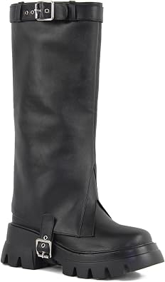 KISTANIA Platform Boots for Women Chunky Heel Knee High Fold Over Fashion Buckle Strap Motocycle Boots