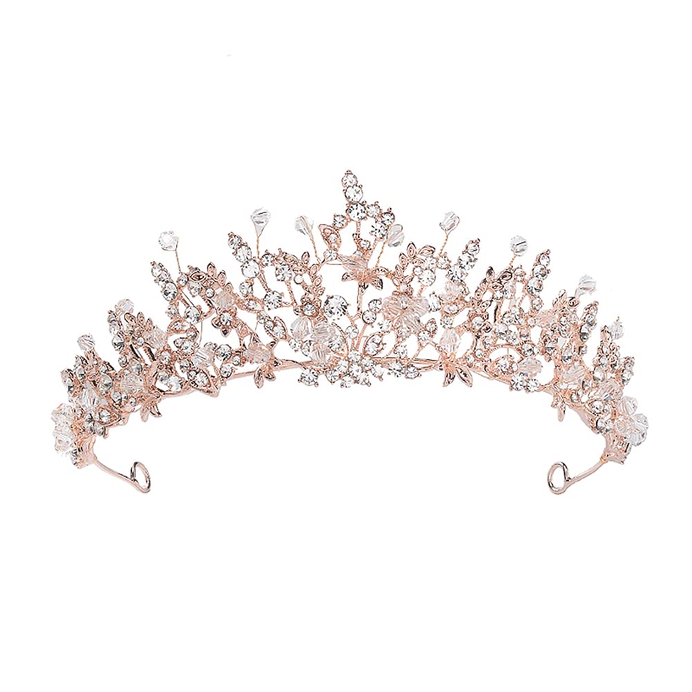 MOONIGHT Corona de novia, de princesa, tiara con diseño de flores, cumpleaños, para niñas, diadema con diamantes de imitación, accesorios de boda para el cabello, para mujeres, diadema de oro rosa