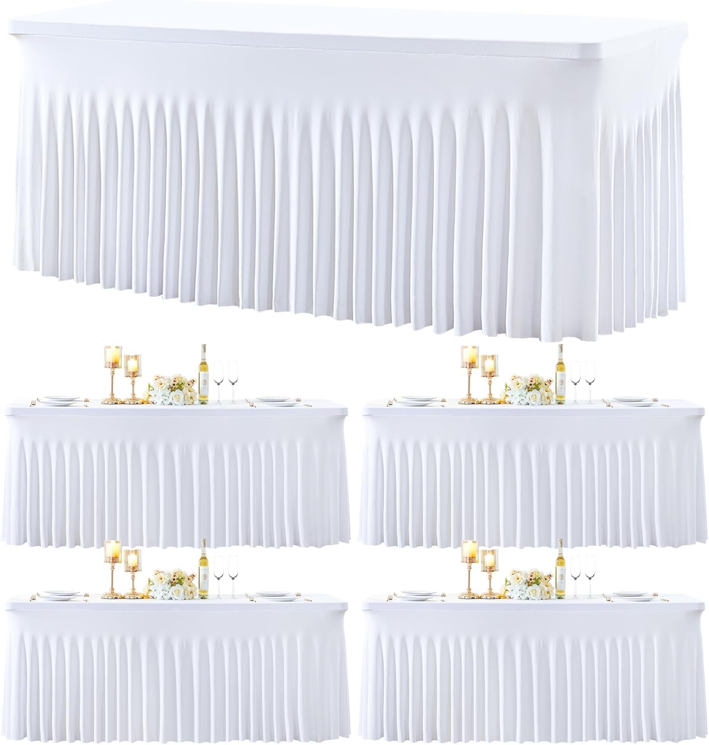 4 Pack Spandex Tovaglia con Gonna Bianco per 1.8m Tavoli Rettangolo Bianco Tovaglie Stretch Coperture Da Tavolo Banchetto Abiti Da Tavolo Rughe Gonna Da Tavolo Gratuita per Feste Matrimonio