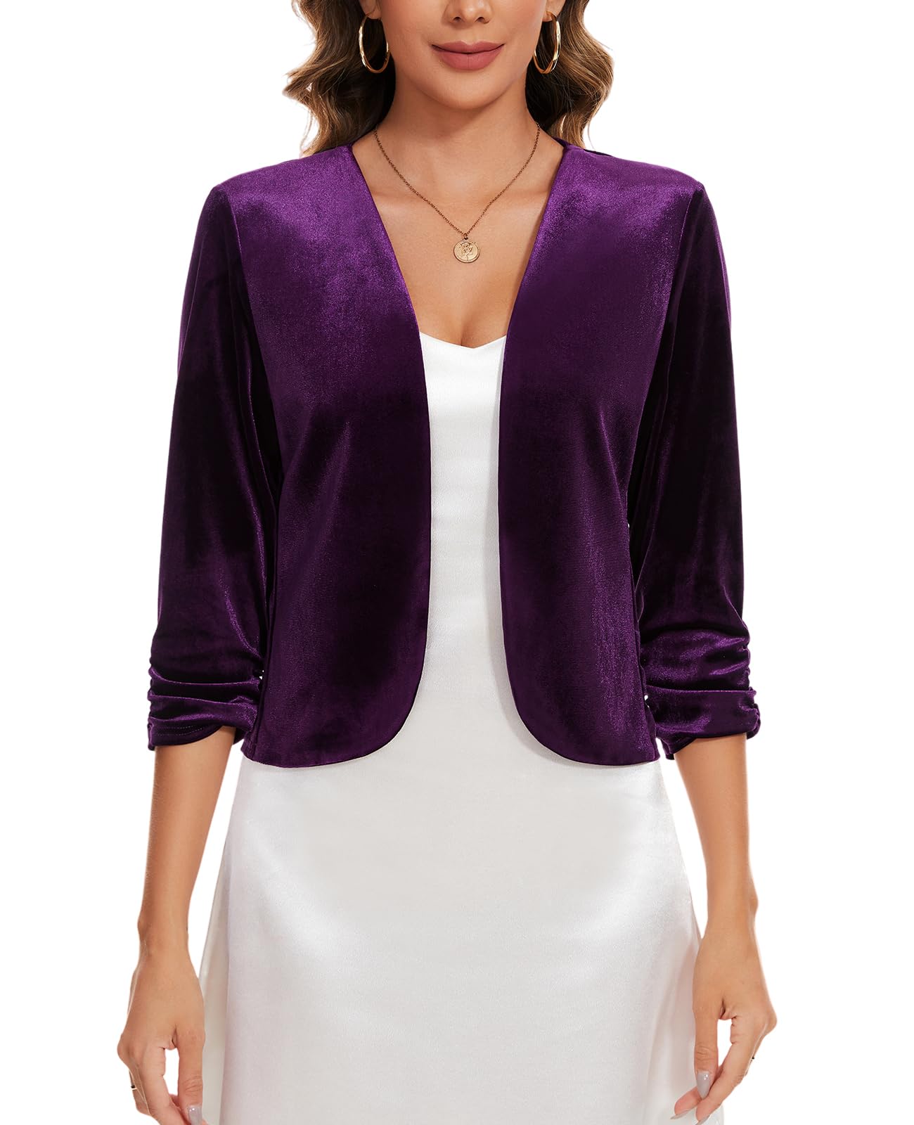 MINTLIMIT Velvet Blazers for Women Business Casual 3/4 Ruched Sleeve Open Front Cropped Blazer Jackets Lightweight Collarless Jacket Suit, Purple, XL