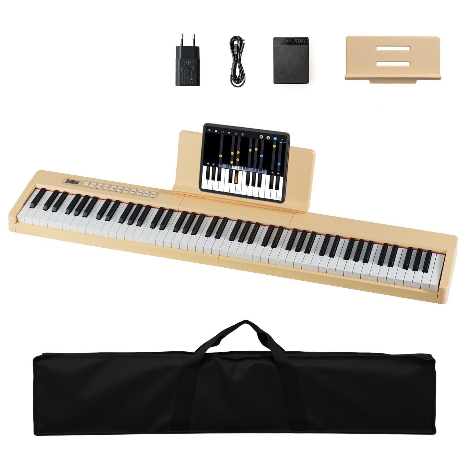 KOMFOTTEU Piano Digital de 88 Teclas, Teclado de Piano con 380 Sonidos, 128 Ritmos, 88 Demos, MIDI, Pedal de Sostenido, Piano Eléctrico Portátil con Soporte para Música, Bolsa de Transporte (Marrón)