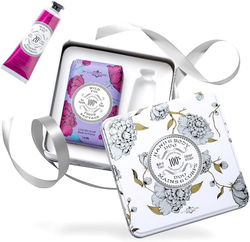 La Chatelaine Conjunto para presente com sabonete em barra Wild Fig e creme para as mãos com manteiga de karité 20%, em lata decorativa