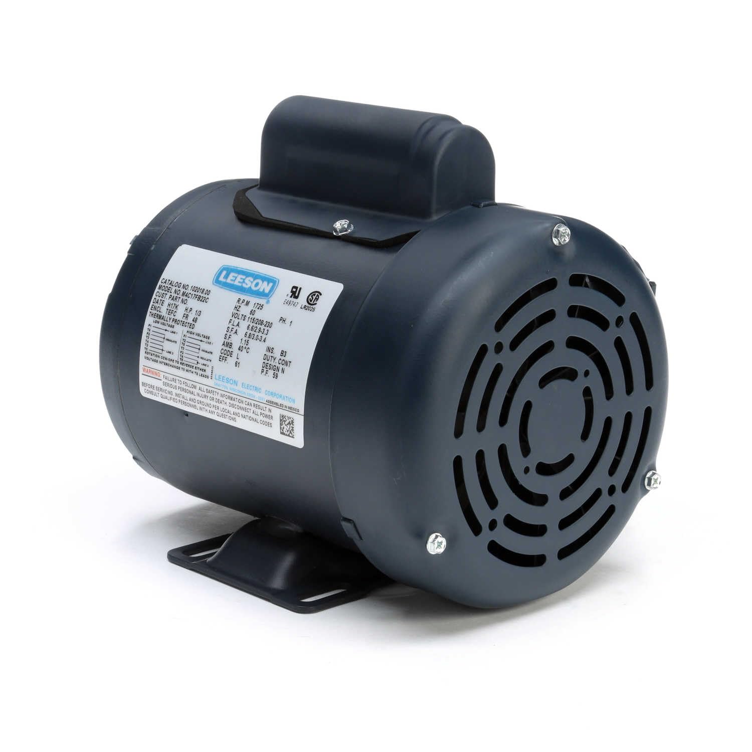 Leeson 102018.00 General Purpose TEFC Motor, 1 Phase, 48 Frame, Rigid Mounting, 1/3HP, 1800 RPM, 115/208-230V Voltage, 60Hz Fequency