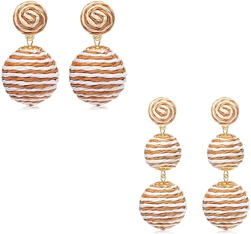 SEVENSTONE 2 pares de aretes de ratán geométricos ligeros hechos a mano con bola de ratán tejida de mimbre y rafia para mujeres y niñas