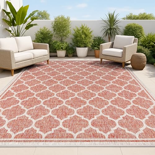 Image of JONATHAN Y Moroccan Trellis Indoor Outdoor Area Rug 8X10 Red /Beige, Trebol Textured Weave for Backyard, Patio, Porch, Easy-Cleaning, High Traffic, Pet-Friendly, Non-Shedding (SMB109C-8)