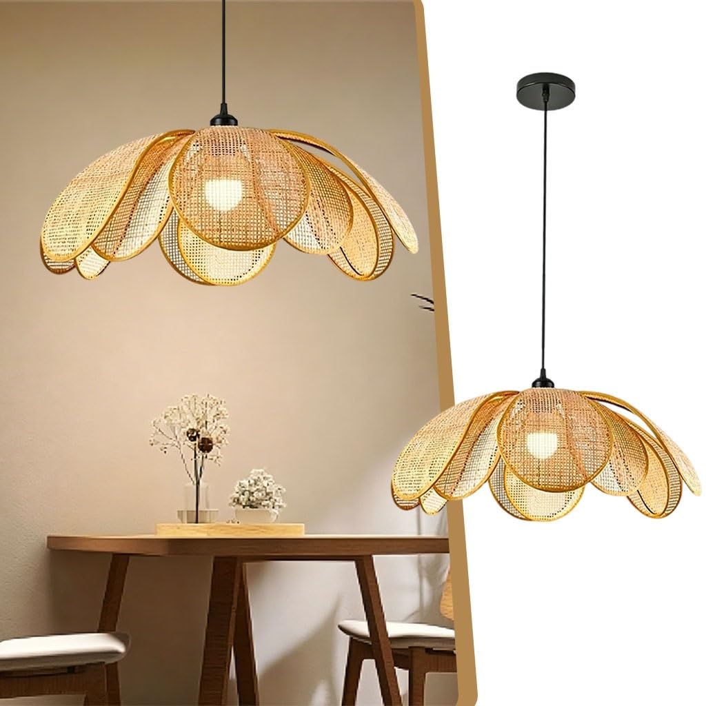 Lampa Wisząca W Kształcie Kwiatu Z Rattanu Żyrandol Z Tkanego Płatka W Stylu Boho Naturalna Lampa Wisząca Z Wikliny Lampa Sufitowa O Organicznym Kształcie W Stylu Wabi Sabi Do Salonu(80cm)