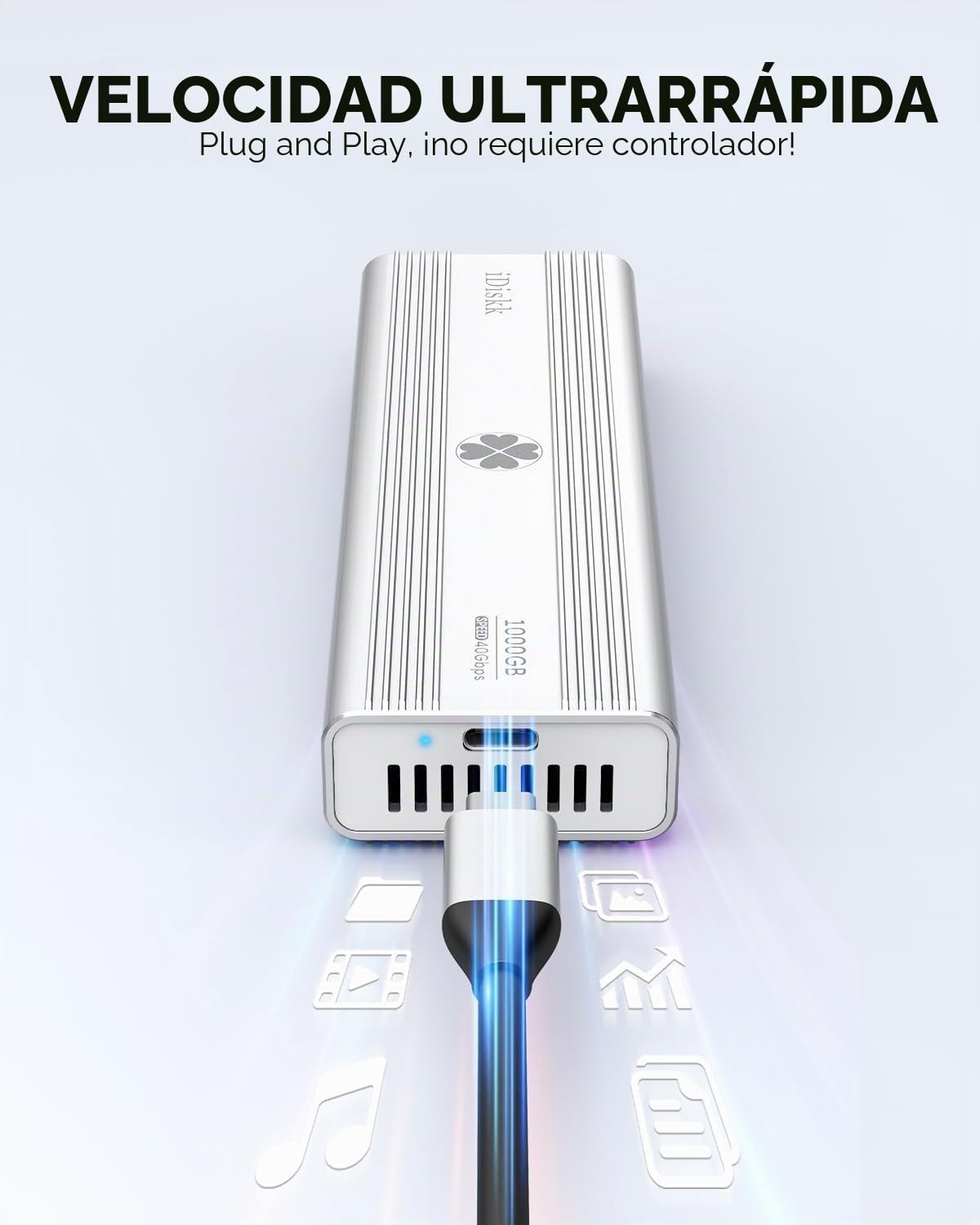 iDiskk 40Gbps 1TB NVMe SSD,Disco Duro Externo de Estado sólido - hasta 3000MB/s, Thunderbolt 3 (40Gbps), USB-C (10Gbps),Compatible con USB4/3.2/3.1/3.0/2.0,m.2 nvme SSD,Plata