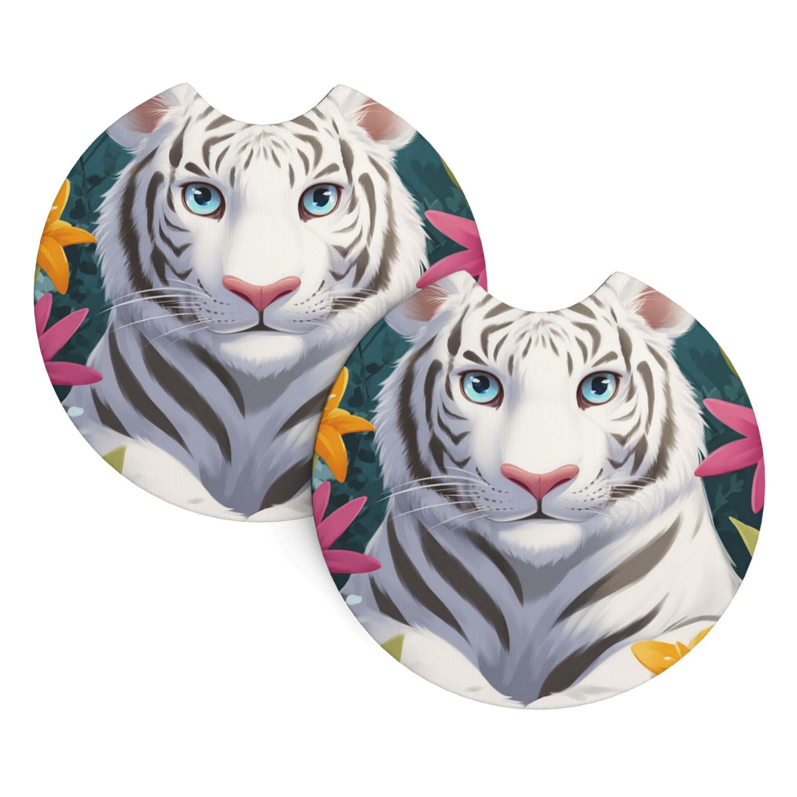 Xopekvlawm Cute White Tigers 2 Pack Car Cup Holder Coasters 2.7 Inch Universal Anti-Slip Shockproof Car Cup Holder Insert Car Coasters Drink Coasters Cup Holder Coasters For Car Accessories