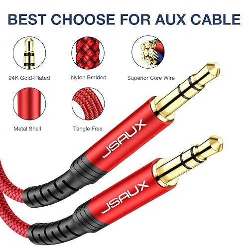 Miniatura 7 de JSAUX Paquete de 2 cables auxiliares, carcasa de cobre de 4 pies3.9 ft, sonido de alta fidelidad Cable auxiliar TRS de audio auxiliar TRS de nailon