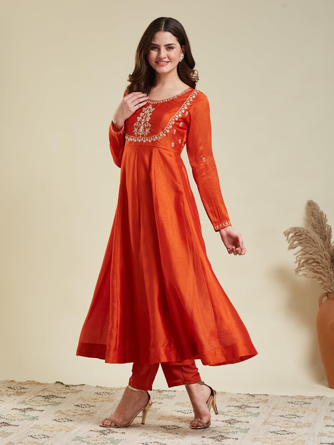 MOKOSH Women's Silk Anarkali & Pant with Dupatta Set (417-06-L_Orange) - Image 4 thumbnail