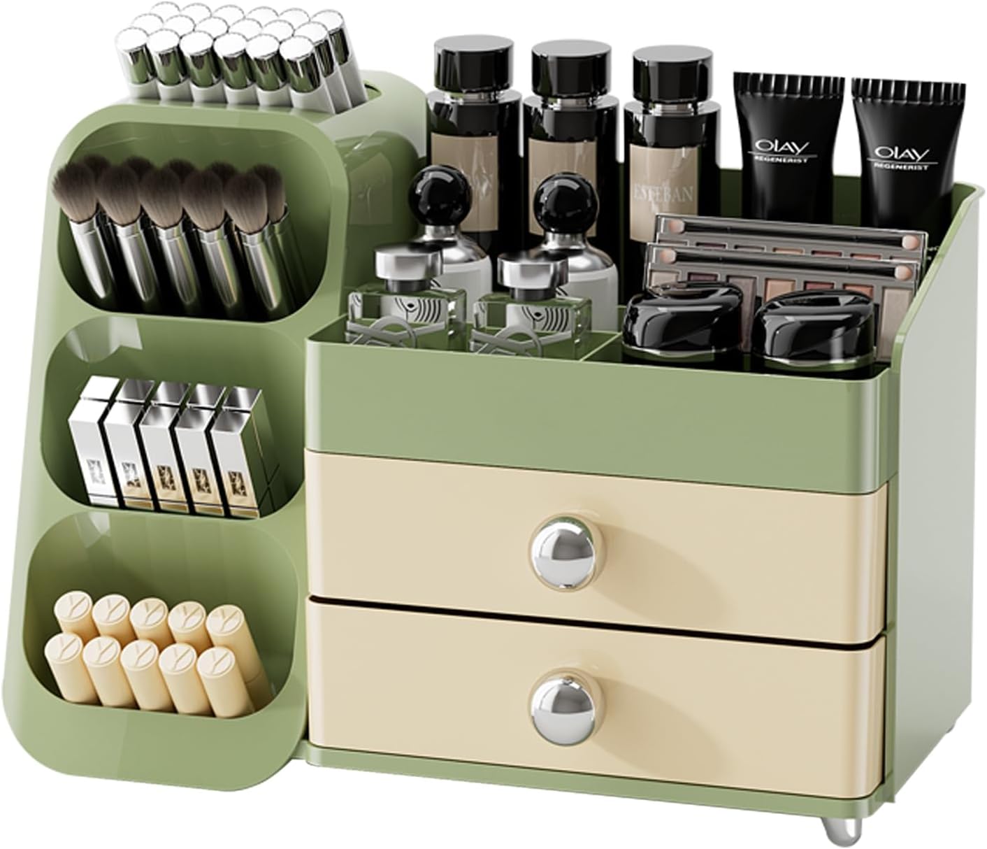 Makeup Organizer Countertop For Women,Brush Holder, Makeup Storage Organizer with 2 Drawers, Spacious Cosmetic Display Case for Beauty Essential, Skincare, Lipstick (Green)