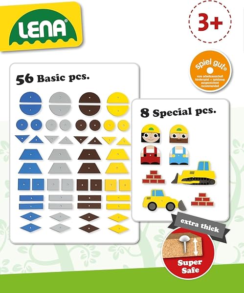 Lena 65828 Hammerspiel, Nagelspiel mit 64 bunten 8 Baustellen Teilen, Grundplatte aus Kork ca. 28 x 19,5 cm, Hammer und Nägel, Klopfspiel für Kinder ab 3 Jahre, Hämmerchenspiel, Mehrfarbig - 4