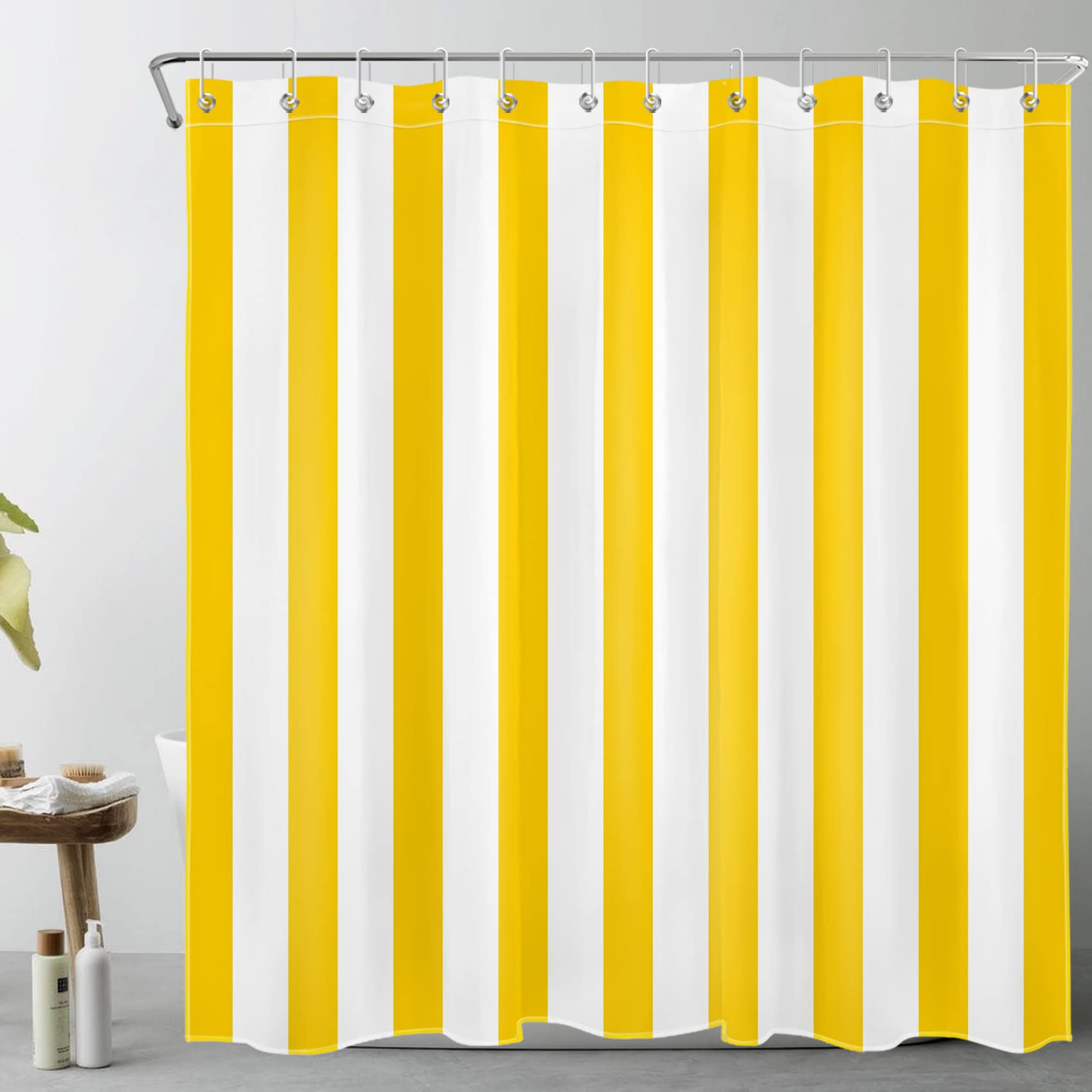 LB Cortina de ducha a rayas amarillas y blancas, cortinas de ducha de arte geométrico simple para baño, minimalista, poliéster, antimoho, impermeable, extralargas, juego de cortinas de baño con