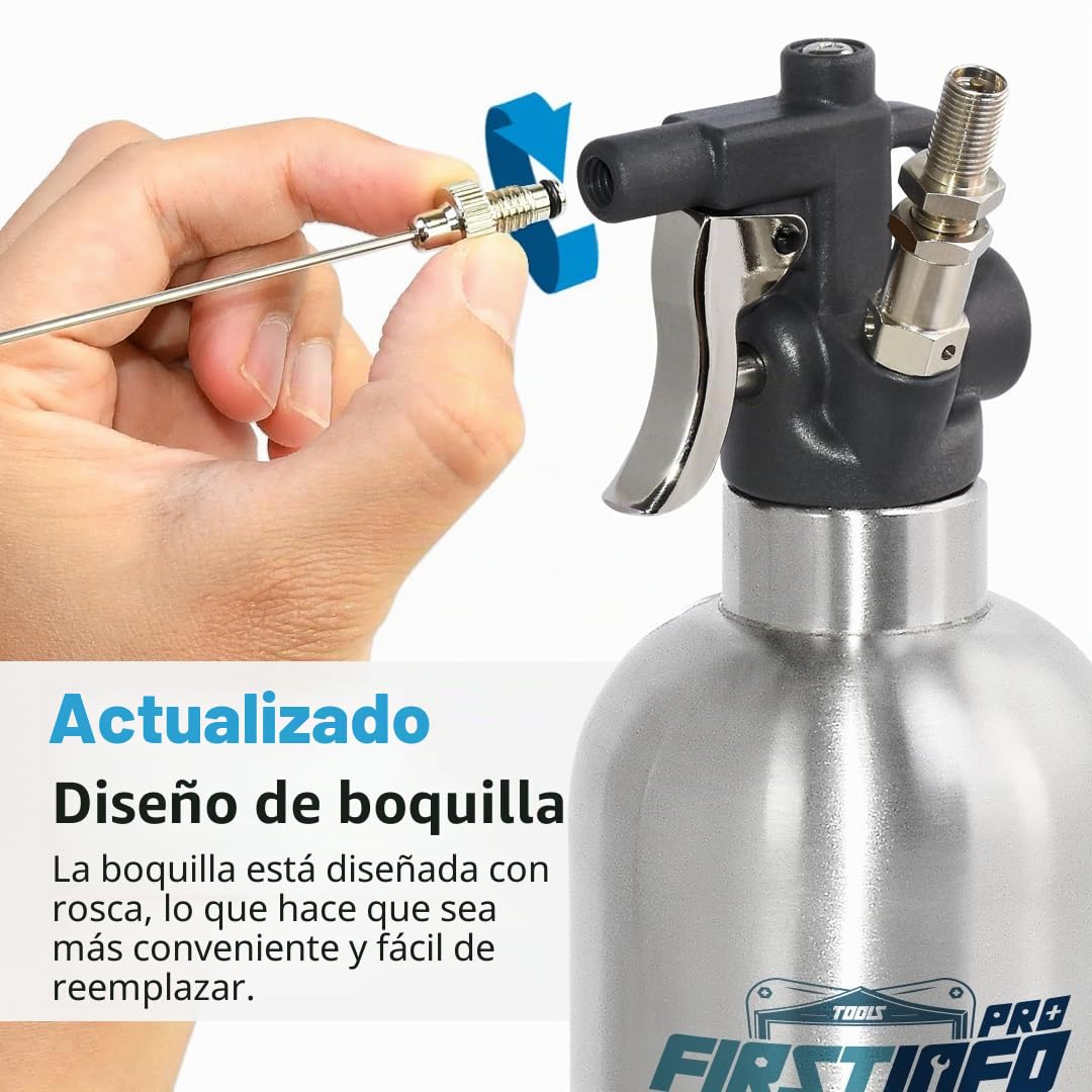 FIRSTINFO A1636K | Pulverizador recargable de acero inoxidable 650 ml para limpiador de frenos | Presión máxima 110 psi | Lata tipo aerosol reutilizable con 4 boquillas intercambiables