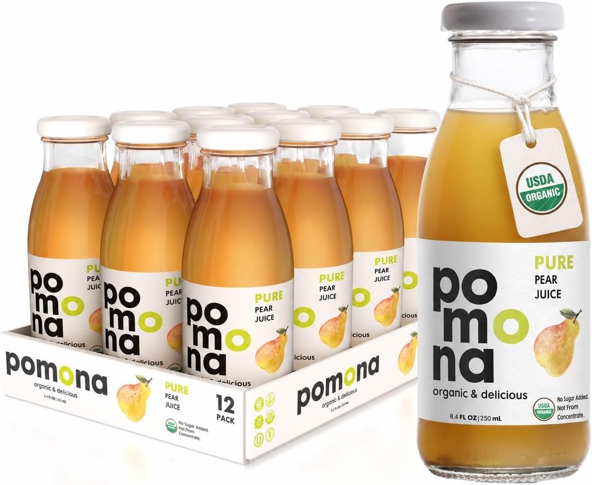 Pomona Organic Pear Juice, Cold Pressed USDA Organic Juices, Pears And Lemon Juice, No Added Sugar, Not From Concentrate, Vegan, Kosher, Non GMO, Pasteurized, 8.4 Oz Glass Bottles