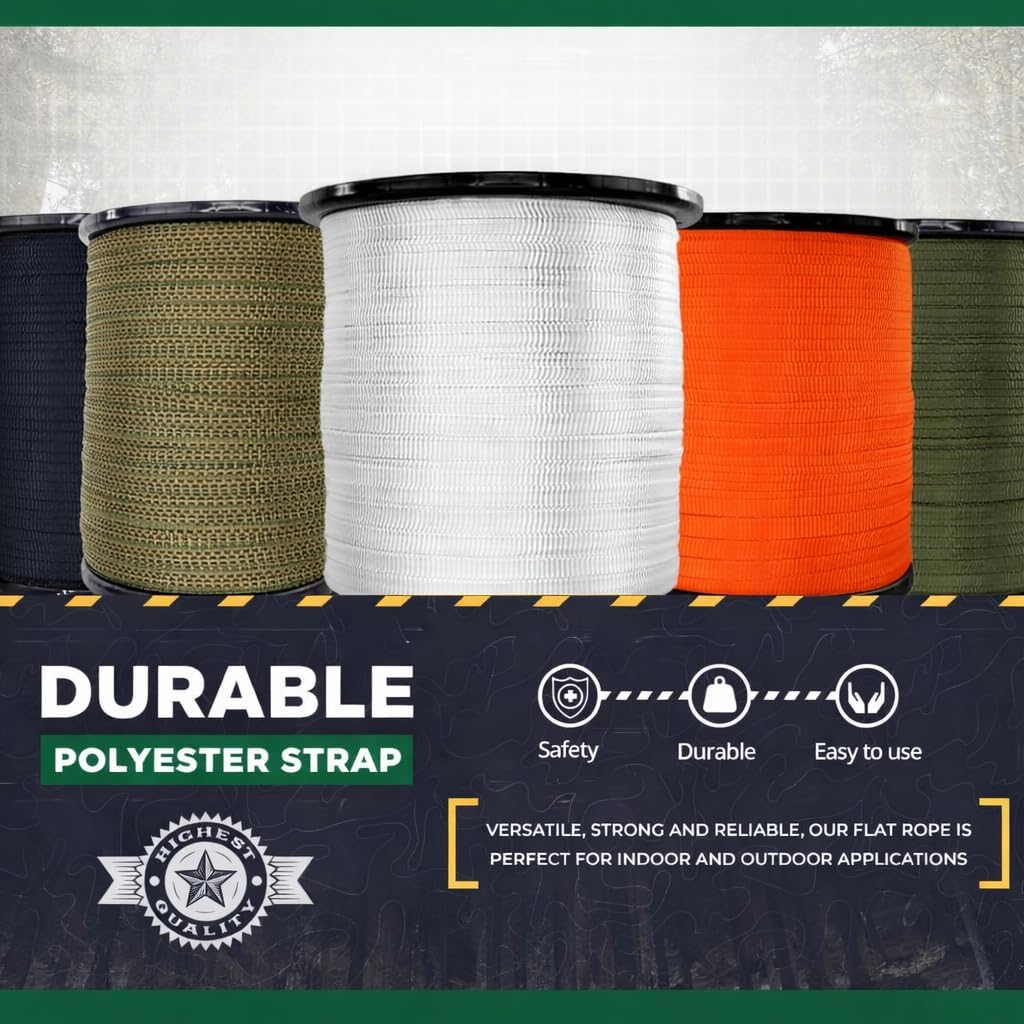 Polyester Webbing - Durable Flat Rope, Rapid Rope, Wire Pulling Rope - Heavy-Duty, All-Weather Pull Tape for Gardening, Hiking, Camping, Survival, and Commercial (5/8" x 500ft, Camo)