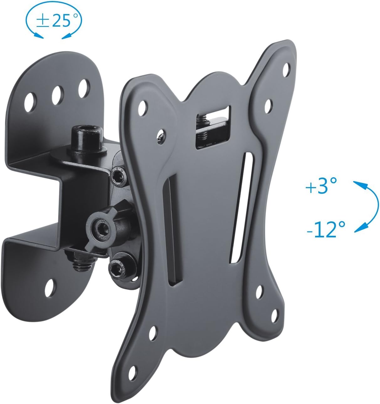 Davanti view of the PureMounts TV bracket showing the TV mounting plate with VESA holes and the adjustable arm, indicating tilt angles of +3 to -12 degrees and swivel of +/- 25 degrees.