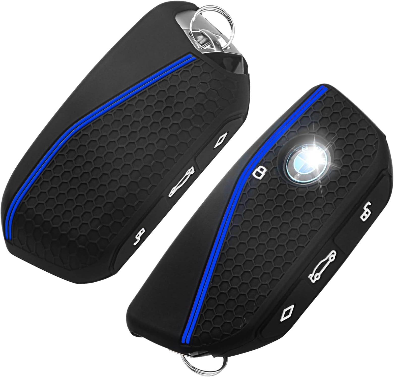 QBUC 2PCS for BMW Key Fob Cover Soft Silicone Key Case for BMW 2024 2023 2025 7 Series IX I5 M60 X5 X7 X6 IX I7 Car Key Protector with Rings (Blue)