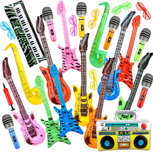 27 Pcs Inflatable Rock Star Instrument Set Inflatable Guitar Microphone Bass Saxophone Shutter Shading Glasses Air Pump for Pool Birthday Carnival 80s 90s Disco Party