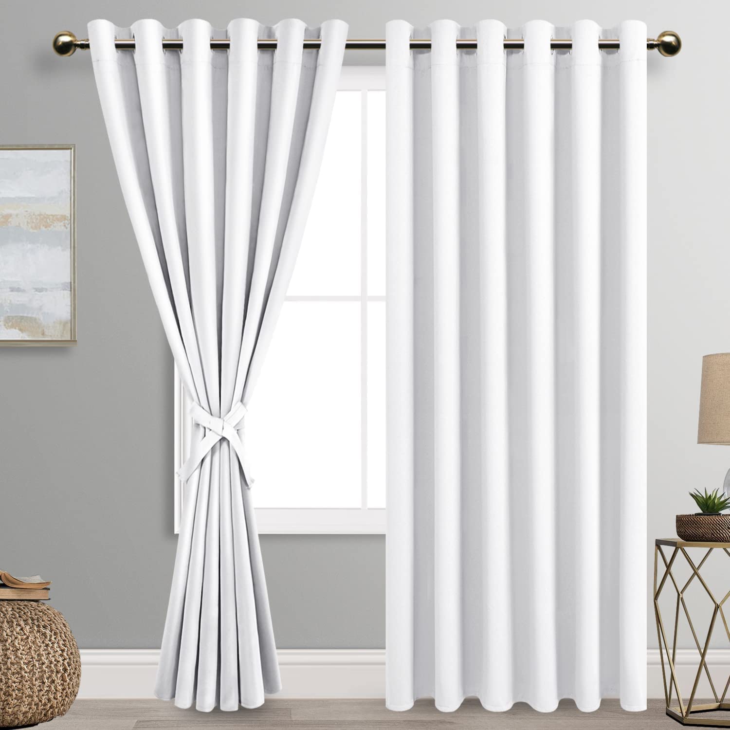 DWCN Greyish White Blackout Curtains 90 x 90 Inch with Tiebacks for Bedroom Thermal Insulated Solid Eyelet Curtains for Living Room,2 Panels,90" Wide x 90" Drop โ image 1