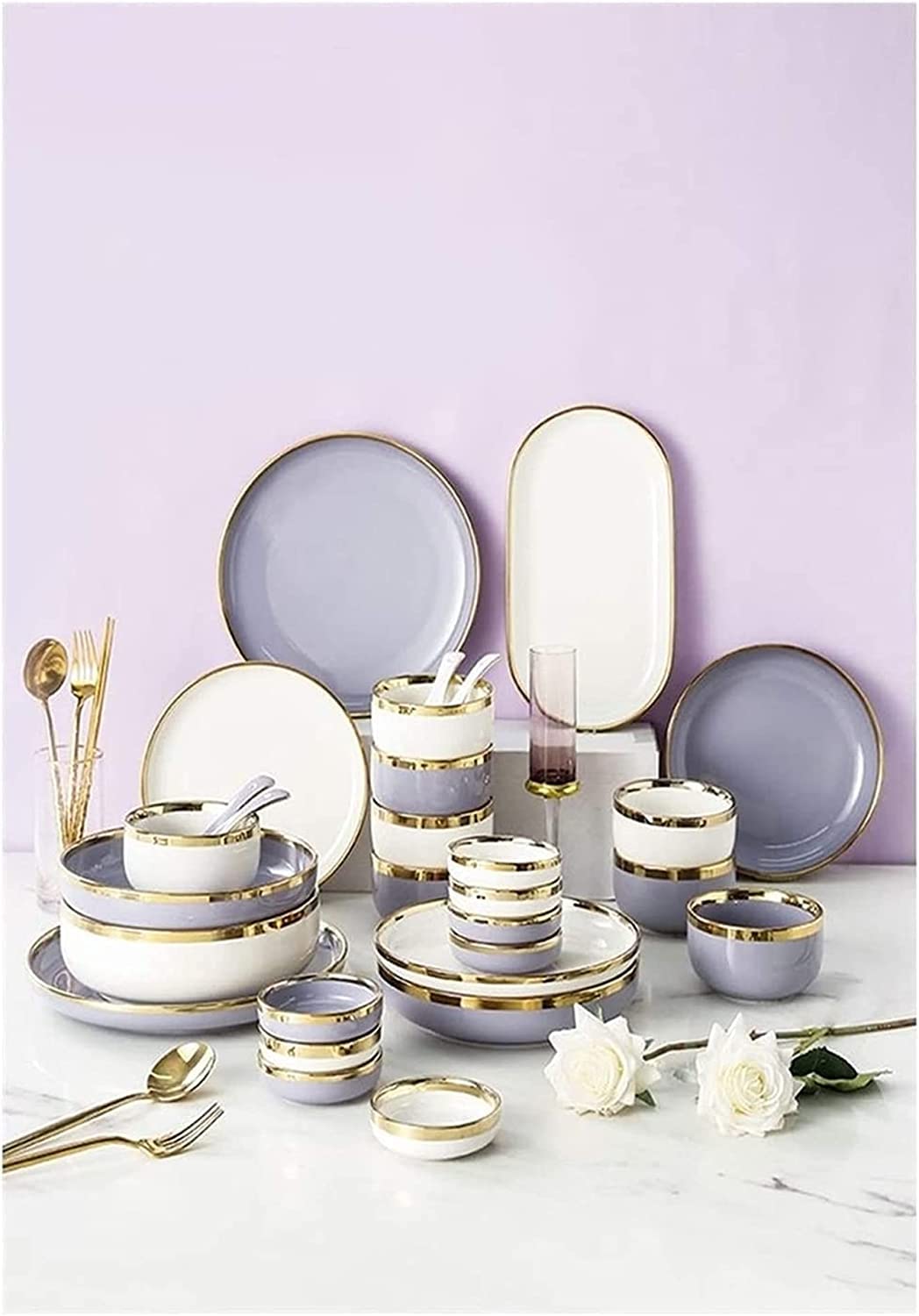 H3TF5J Luksusowe zastawy stołowe, ceramiczne zastawa stołowa w stylu europejskim, piekarnik mikrofalowy bezpieczny zastawa stołowa, porcelanę kadmu bez ołowiu, zastawa stołowa ślubnego (różowe 8 osób)