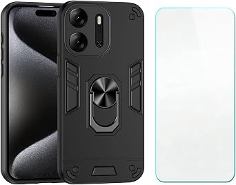 Case Compatible with Tecno Pop 7 Pro,Compatible with Tecno Pop 7 Pro Phone Case Cover [Screen Protection Film] [Car Magnetic Metal Stand] Bla Black