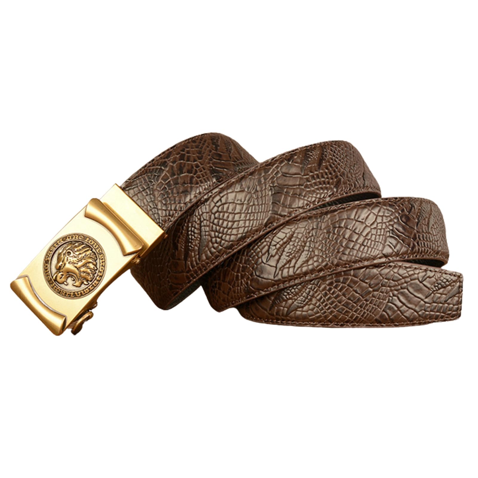 Cinturón Con Trinquete Deslizante, Piel De Vacuno Relieve Cocodrilo, Hebilla Automática Grabado León, Cintura Ajustable 110 Cm/37 Pulgadas, Negro For Uso Informal Y Negocios