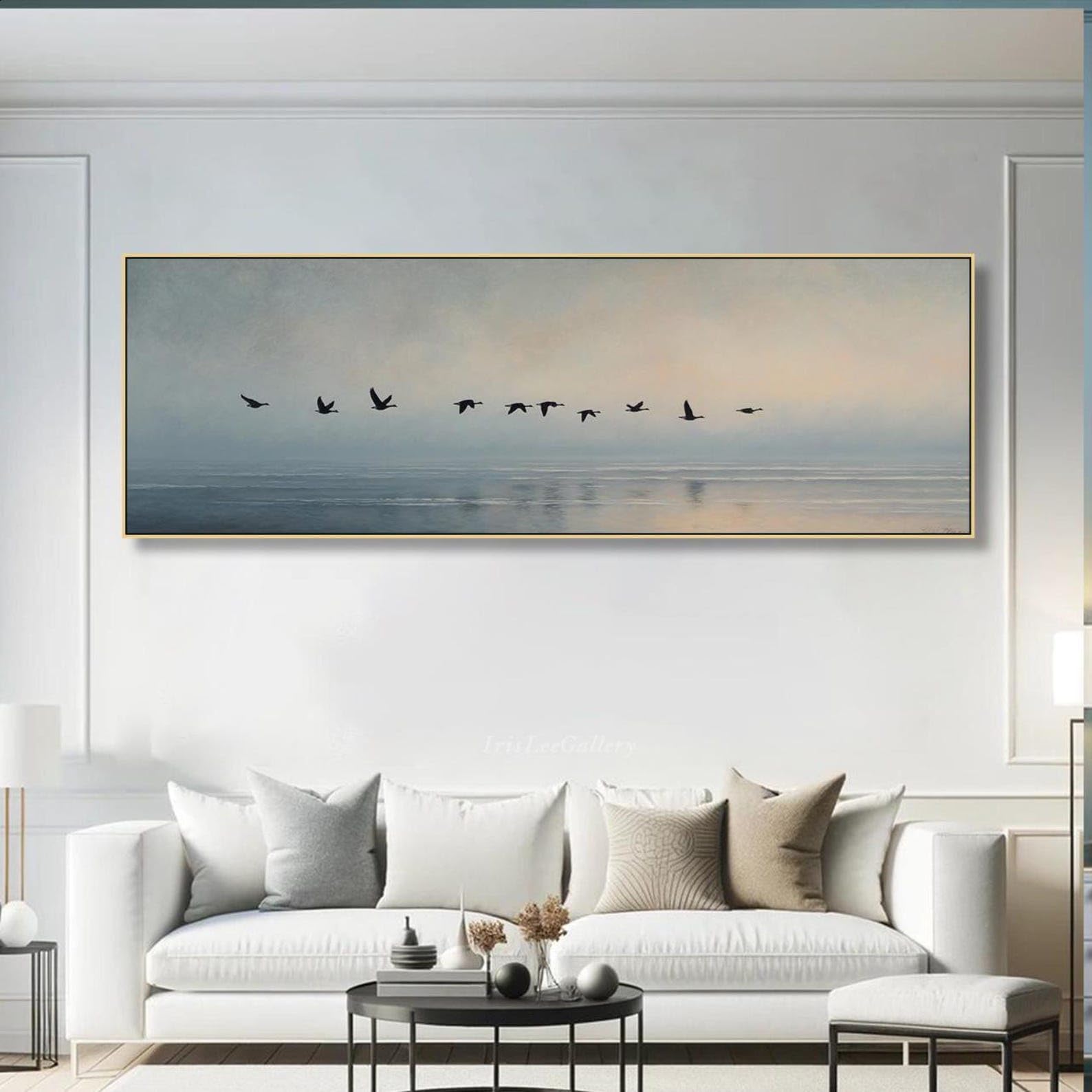 LMYCHENG Birds Wall Art Landscape Oil Painting On Canvas Large Textured Horizontal Art Prints, Flying Geese Nature Wall Decor(35x105cm/Frameless)