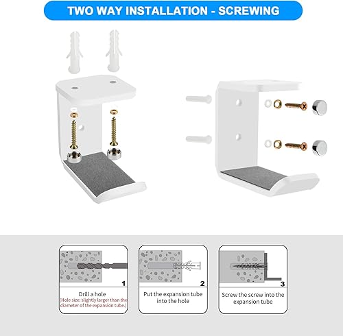 Miniatura 5 de Cosmos 2 ganchos para colgar auriculares debajo del escritorio, ganchos de montaje en pared con cinta adhesiva y juego de tornillos, compatibles con