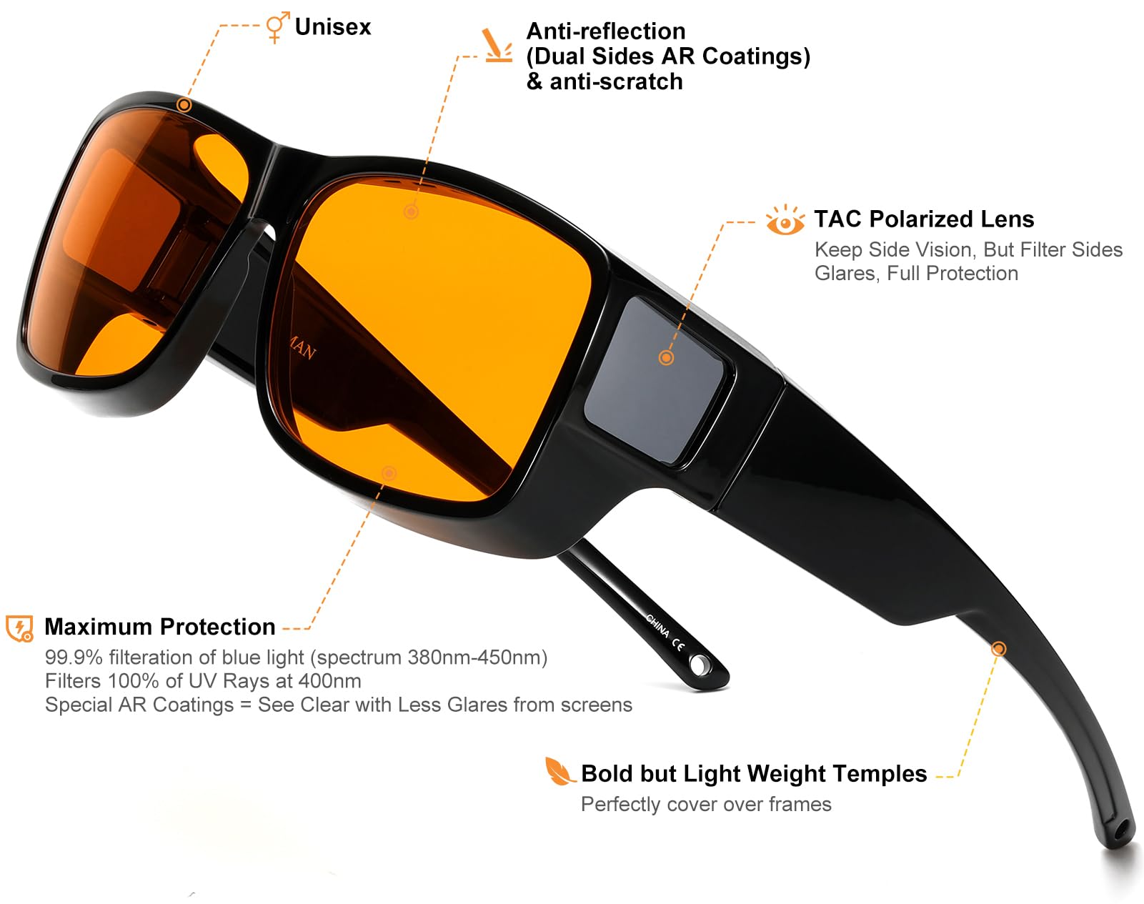 CAXMAN 99,9 % gafas de luz azul, lentes naranjas para un buen sueño sobre las gafas completamente cubiertas