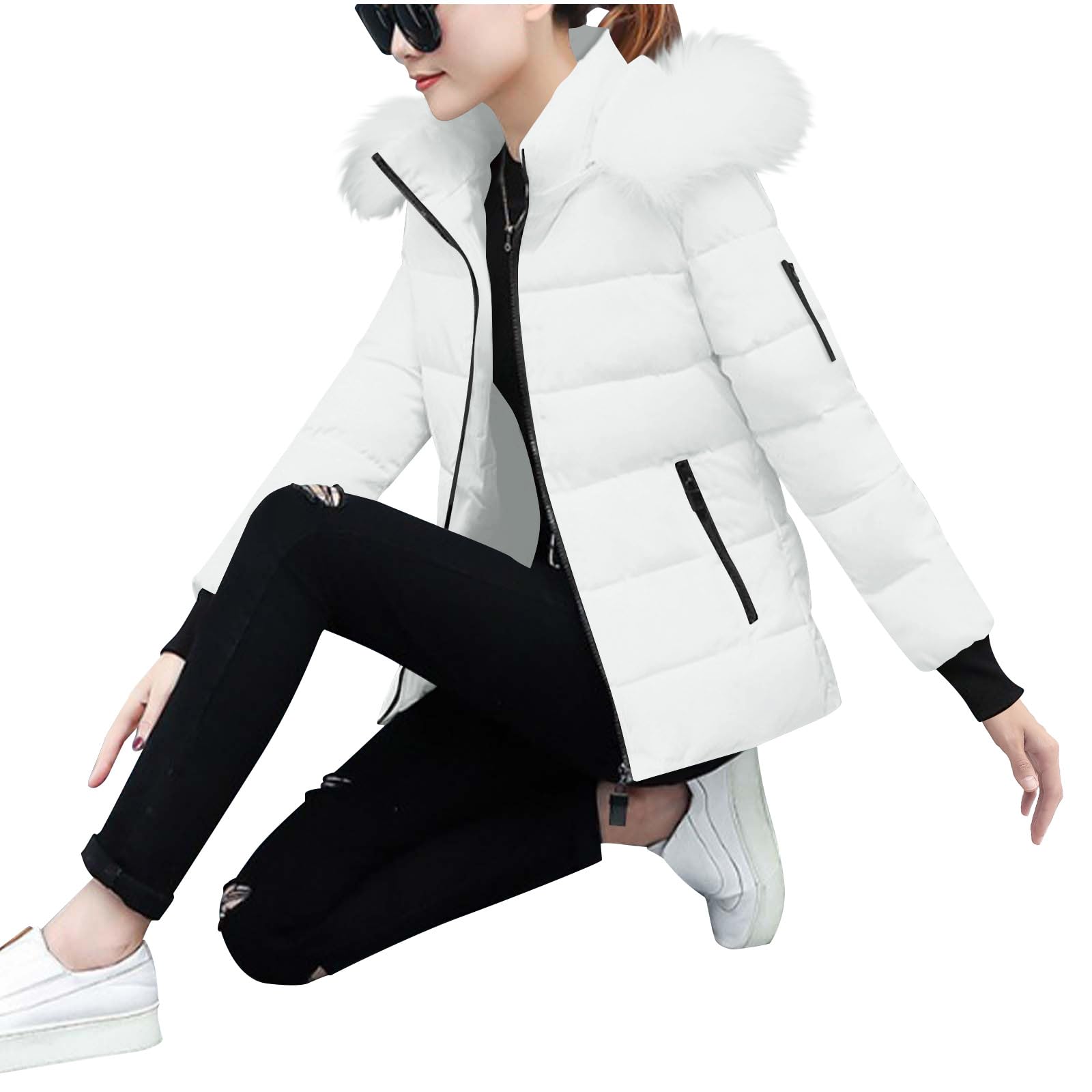 KHIRVWL Doudoune Femme Hiver Chaude- Manteau Matelassée à Capuche Amovible En Peluche- Veste Légère Avec Poches Et Zippé- Blouson Slim Fit Col Montant- Manteaux Mi Saison Puffer Jacket Manches