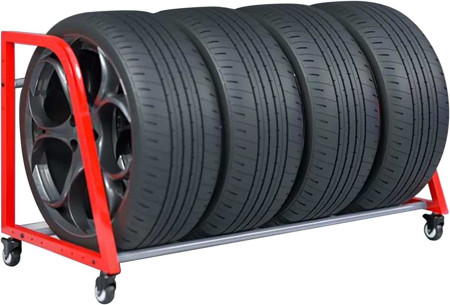 Tyre Rack Rolling Tire Storage Rack With 4 Wheels, Heavy Duty Garage Rack For Indoor/Outdoor/Workshop/Carport, Red Tire Stand - Easy To Move,