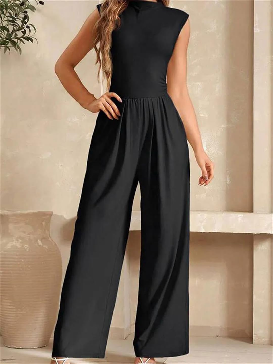 Yeuyyben Overol de verano sin mangas con cremallera y pierna ancha para mujer, estilo casual, ajustado, elegante, para fiestas y salidas nocturnas