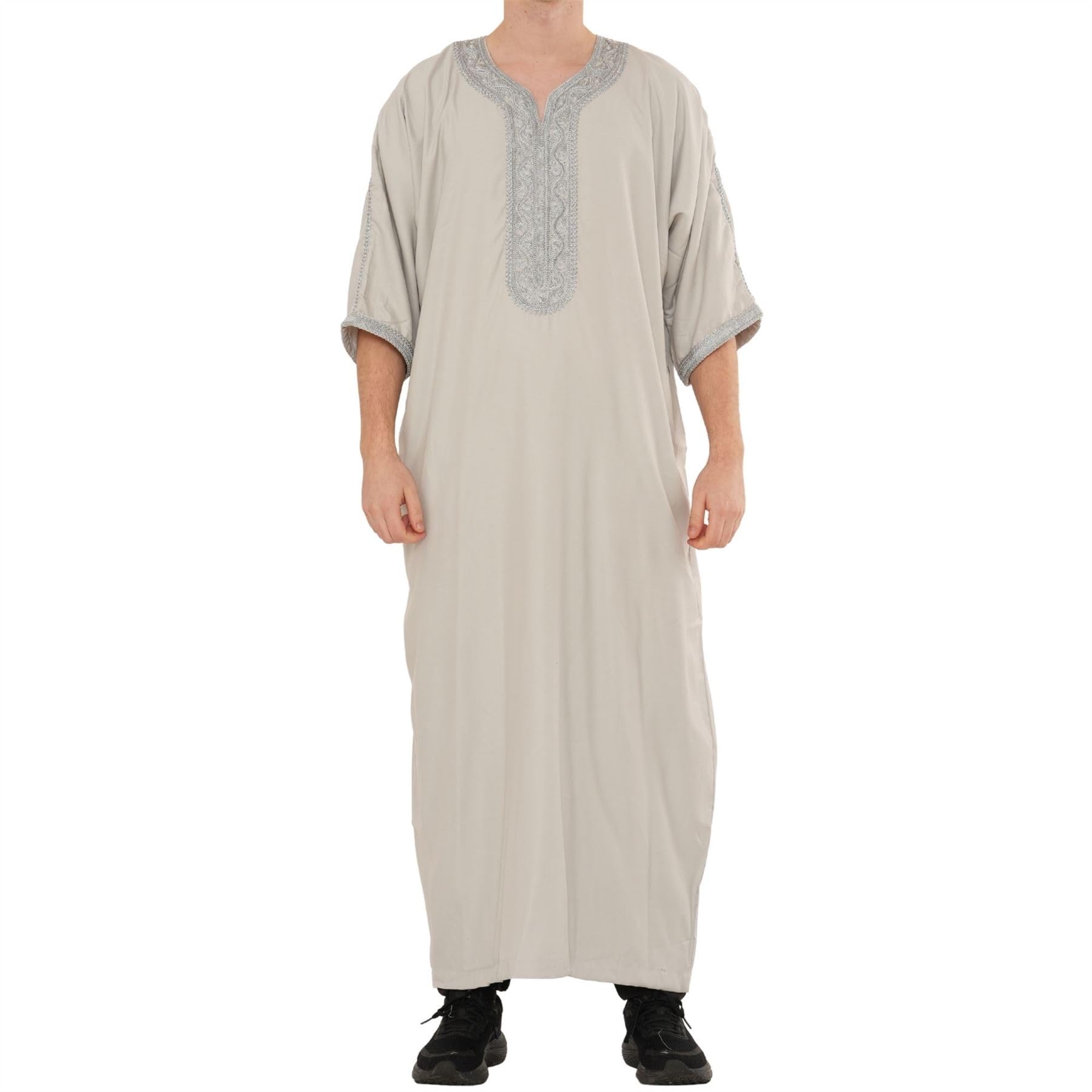 Men's Moroccan Thobe Half Sleeve Gandoura Embroidery Kaftan Eid Ramadan - Grey 58