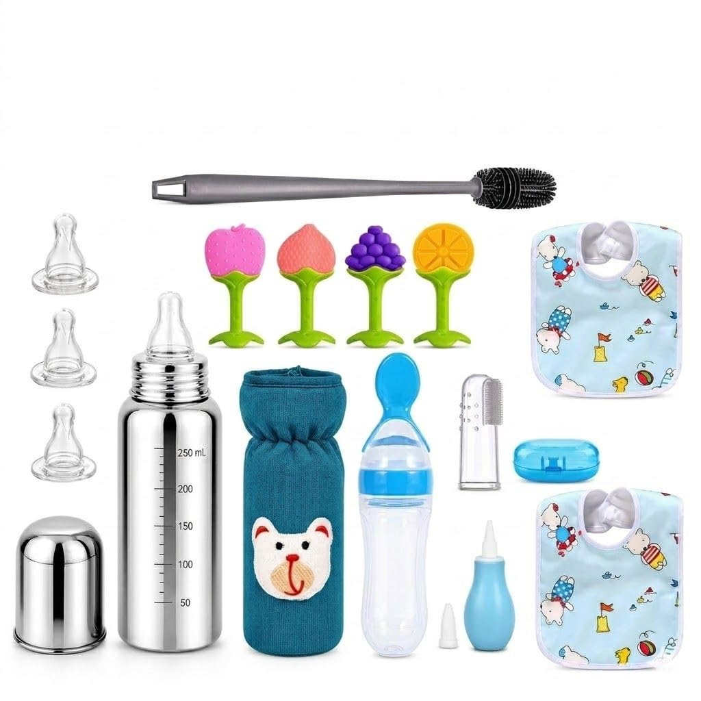 MINI WORLD Baby Feeding & Care Combo Kit with Silicone Spoon Feeder, Fruit Nibbler, Waterproof Bibs, Teether Toy & Bottle Cleaning Brush | Complete Newborn Essential Gift Set for Infants-image-24