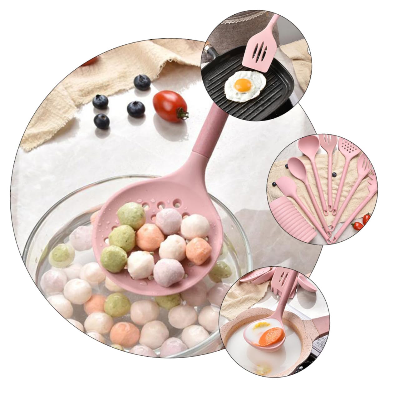 Cabilock Set De Utensilios De Cocina De Silicona Espátula Cucharón Pala Colador Cuchara Mango De Madera Diseño Ergonómico